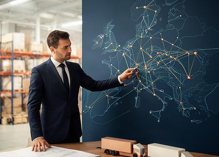 Logistiek manager bekijkt een kaart van transport-routes naar Duitsland