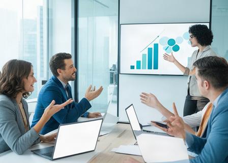 IT-team bespreekt groeigrafieken in een lichte vergaderruimte